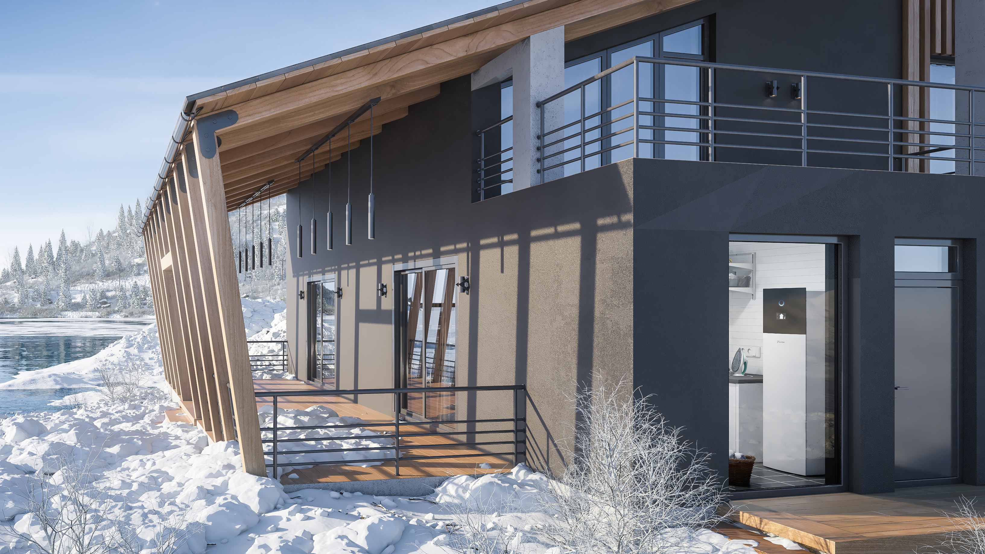 Modern huis in sneeuwlandschap is perfect verwarmd door Daikin
