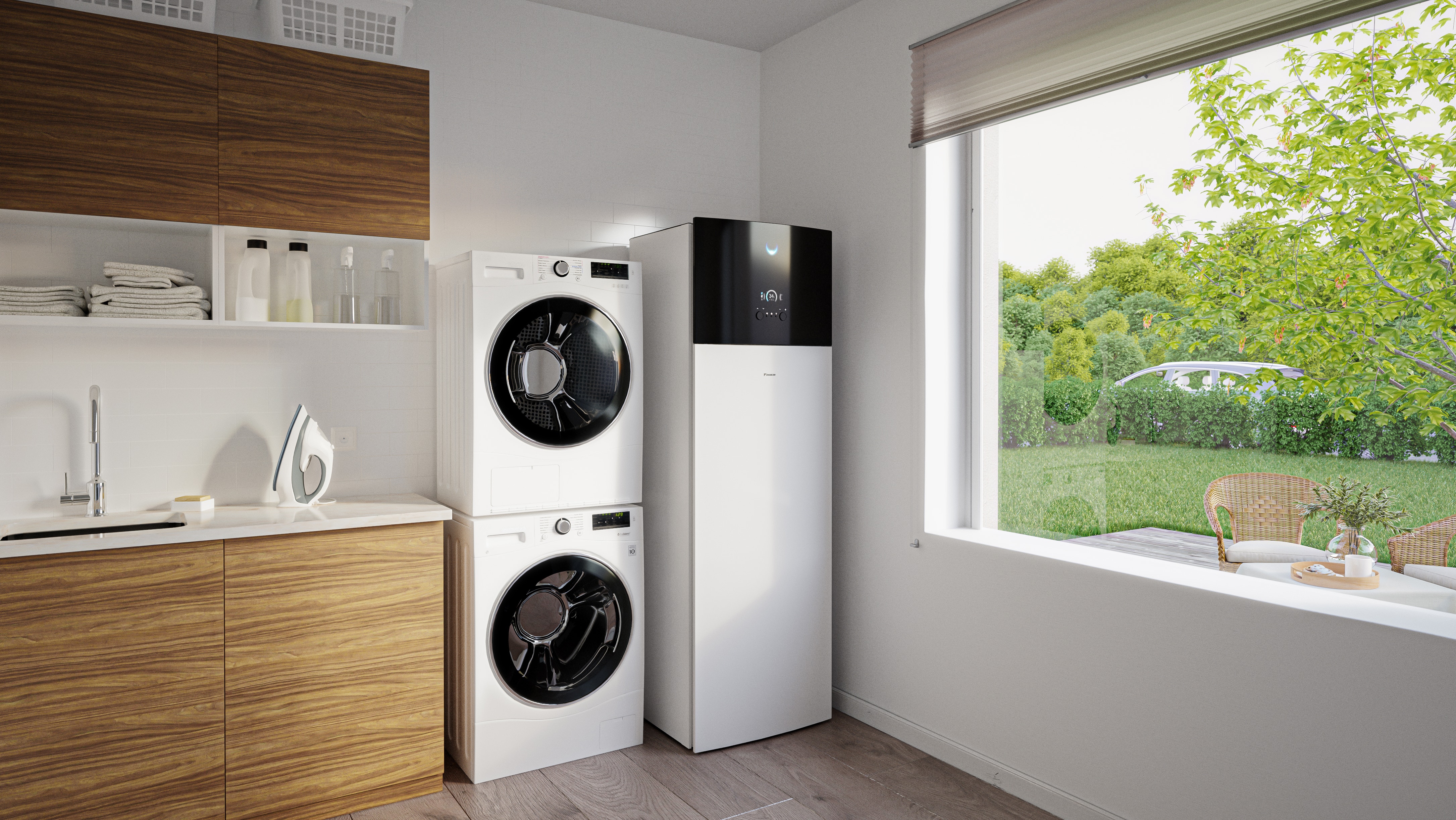 Lucht/water warmtepomp binnendeel met een geïntegreerde warmtapwatertank naast de wasmachine en -droger