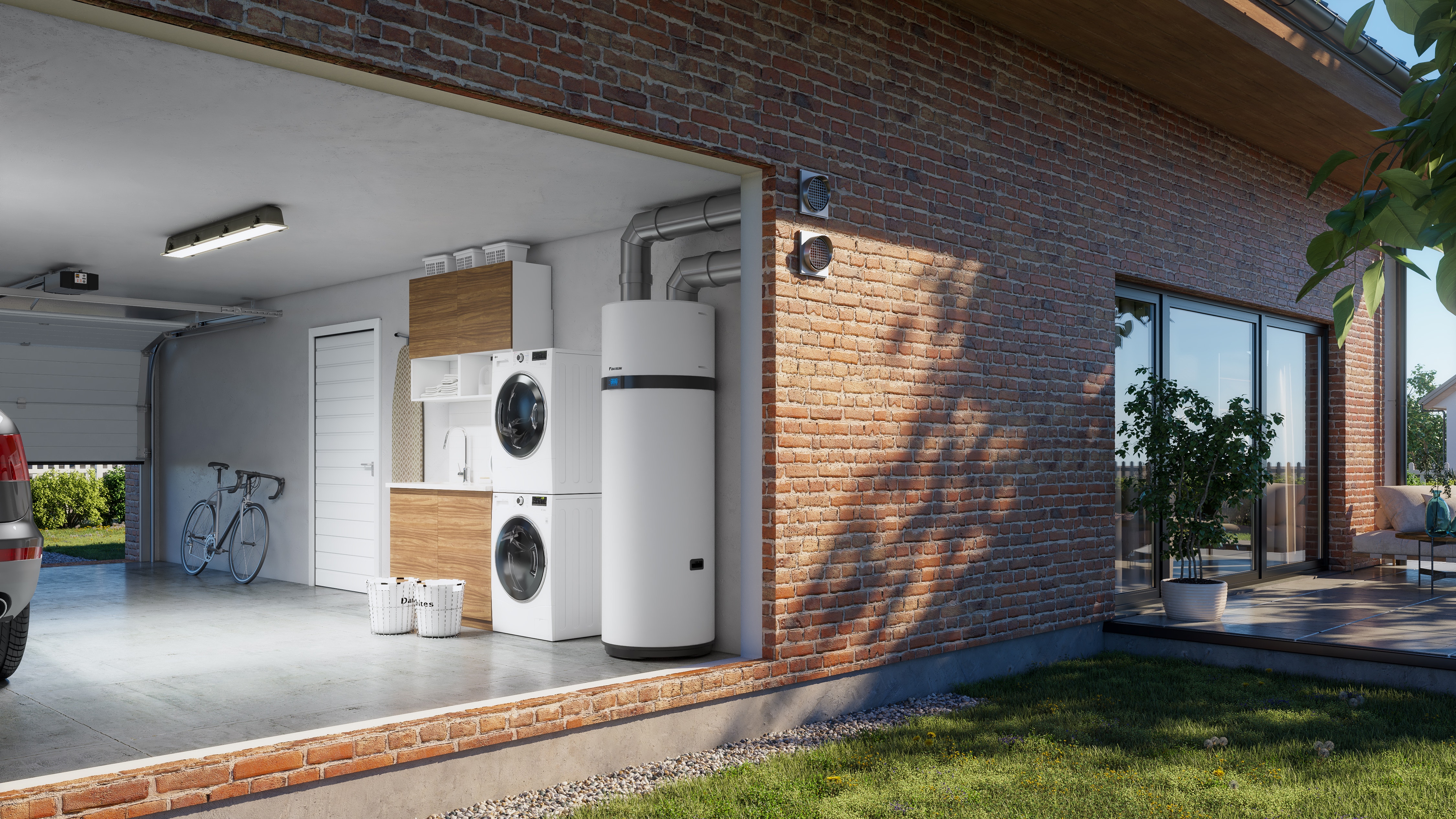 Warmtapwatertank die gebruik maakt van duurzame energie geïnstalleerd in garage